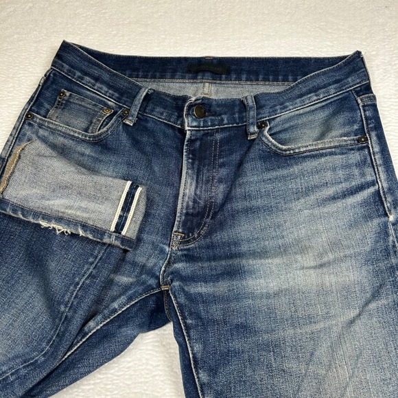 Uniqlo Other - Uniqlo Slim Straight Jeans Selvedge Faded Denim Sz 31x32 Blue Stretch Distressed